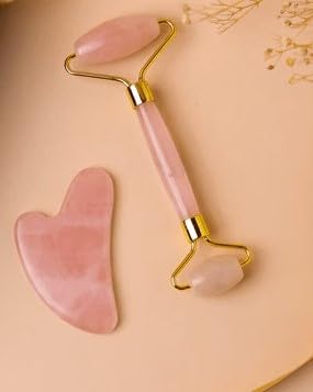 Rose Quartz Roller and Gua sha Set | Reduces Wrinkles, Fine lines and Dark Circles | Pink Jade Roller | Anti-aging Massager for Skin Toning and Tightening for Face, Eyes, Neck-Velvo Beauty