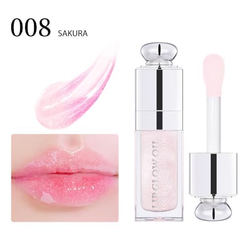 Plumping Lip Oil,Hydrating Gloss Tinted Lip Balm Transparent Lip Care,Big Brush Head Glitter Shine,Long Lasting Nourishing Non-sticky Fresh Textureand Dry Lips Lip Care Products0.2 OZ(008# SAKURA)-Velvo Beauty