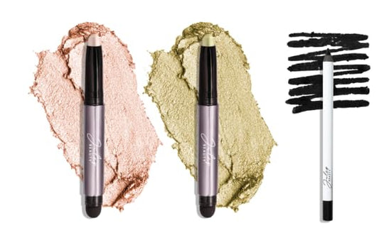 Julep Eyeshadow 101 Crème-to-Powder Eyeshadow Stick Duo + When Pencil Met Gel Sharpenable Multi-Use Longwear Eyeliner Pencil, 3pc Set - Meadow Shimmer, Blackest Black and Pearl Shimmer-Velvo Beauty