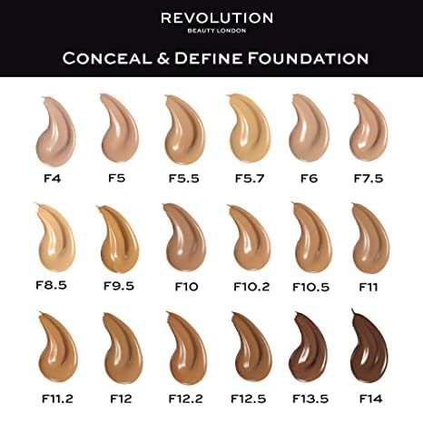 Makeup Revolution Conceal & Define Foundation, Cream Foundation Makeup, Full Coverage, For Medium Skin Tones, Vegan & Cruelty-Free, F10, 23ml-Velvo Beauty