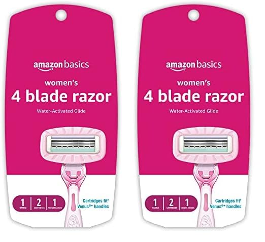 Amazon Basics Women's 4 Blade Razor for Women, Fits AmazonBasics & Venus Handles, Moisturizing Surround, 4 Count, Includes 1 Handle, 2 Cartridges & 1 Shower Hanger, Pink (Pack of 2)-Velvo Beauty