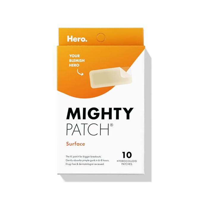 Mighty Patch Surface Large Pimple Patches for Face from Hero Cosmetics, Acne Spot for Body, Cheek, Forehead, and Chin, Pimple Stickers, Hydrocolloid Covers, Vegan-friendly, 10 Count-Velvo Beauty