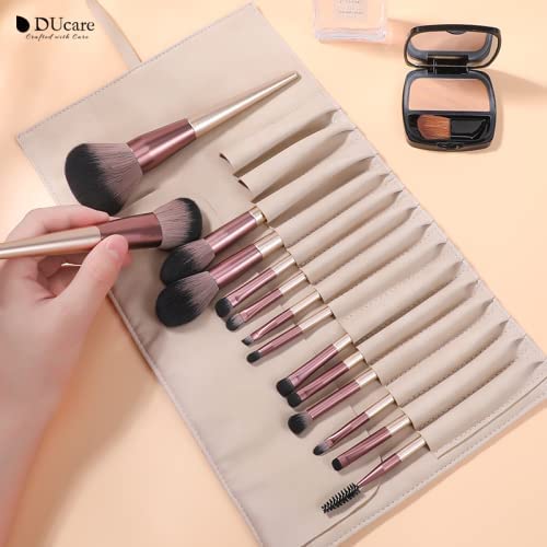 DUcare Makeup Brushes with Bag - 14Pcs Professional Synthetic Make Up Brushes Set for Blush Concealer Foundation Bronzer Powder Eyebrow Eyeshadow Blending Makeup Brush Set Mekaup bag, Rose Golden-Velvo Beauty