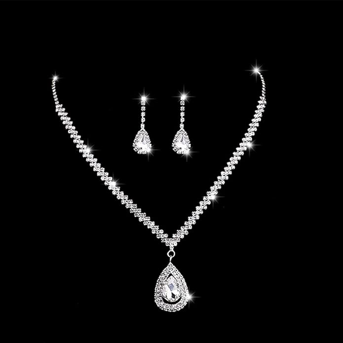 Bride Silver Necklace Earrings Set Rhinestone Wedding Jewelry Set Crystal Choker Necklace for Women-Velvo Beauty