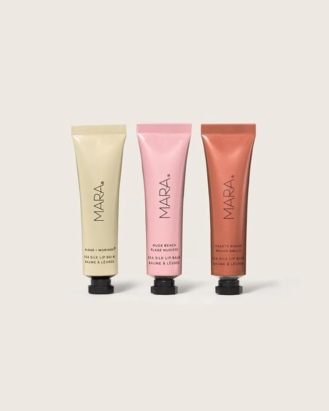 MARA - Sea Silk Lip Balm Trio | Non-Toxic, Plant-Based Skin Care, Hypoallergenic | Moisturize, Plump + Soothe Dry, Chapped Lips | Clear, Nude Beach, & Toasty Rouge (3 Piece Set)-Velvo Beauty