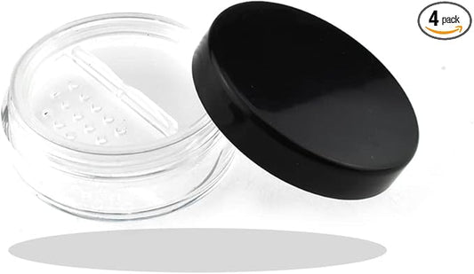 HAHIYO 4pcs 10ml/0.34oz Plastic Empty Travel Compact Case Makeup Cosmetic Jar Refillable Powder Box No Leak Holder with Rotatable Sifter and Black Screw Lid-Velvo Beauty