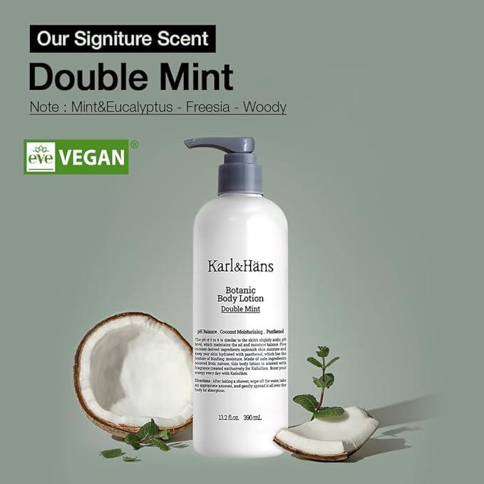 Karl&Hans Botanic Body Lotion Double Mint, Fresh Revitalizing Body Lotion - Invigorating Eucalyptus and Mint Fragrance - Non-Greasy Formula, 13.2 fl oz-Velvo Beauty
