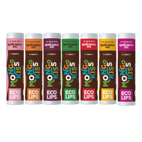 Eco Lips Mongo Kiss Organic Lip Balm 7 Pack - Blood Orange, Black Cherry, Pomegranate, Vanilla Honey, Peppermint, Strawberry Lavender, Yumberry | Mongongo Oil to Soothe & Moisturize Dry, Cracked Lips-Velvo Beauty