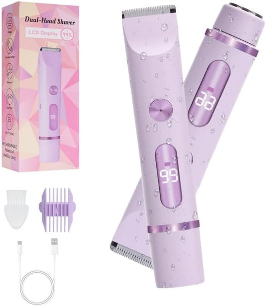 2025 Upgraded Dermave Bikini Shaver - 2 in 1 Bikini Trimmer for Women with LCD Display, Dual Head Cordless Electric Shaver, IPX7 Waterproof Wet/Dry Body Hair Trimmer for Face,Purple-Velvo Beauty