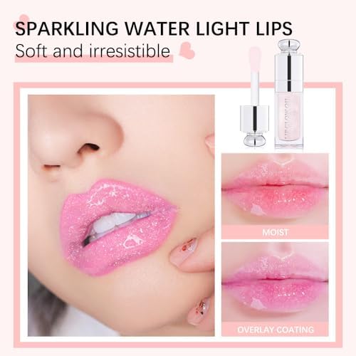 Plumping Lip Oil,Hydrating Gloss Tinted Lip Balm Transparent Lip Care,Big Brush Head Glitter Shine,Long Lasting Nourishing Non-sticky Fresh Textureand Dry Lips Care Products0.2 OZ(002#CLEAR TO PINK)-Velvo Beauty