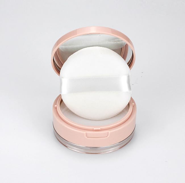 Loose Powder Cocntainer No Leaks Empty Reusable Plastic Loose Powder Compact Container Makeup Powder Case with Sponge Powder Puff,Elasticated Net Sifter and Pink Threaded Screw Lid-Velvo Beauty
