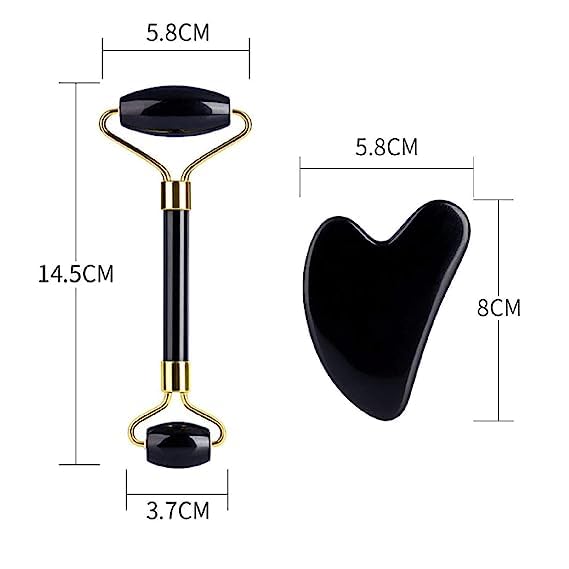 Black Obsidian Jade Facial Roller & Gua Sha Set 100% Natural Source from Highest Altitude of Himalayan Two-Sided Face Neck Massager Stone Beauty Tool-Velvo Beauty