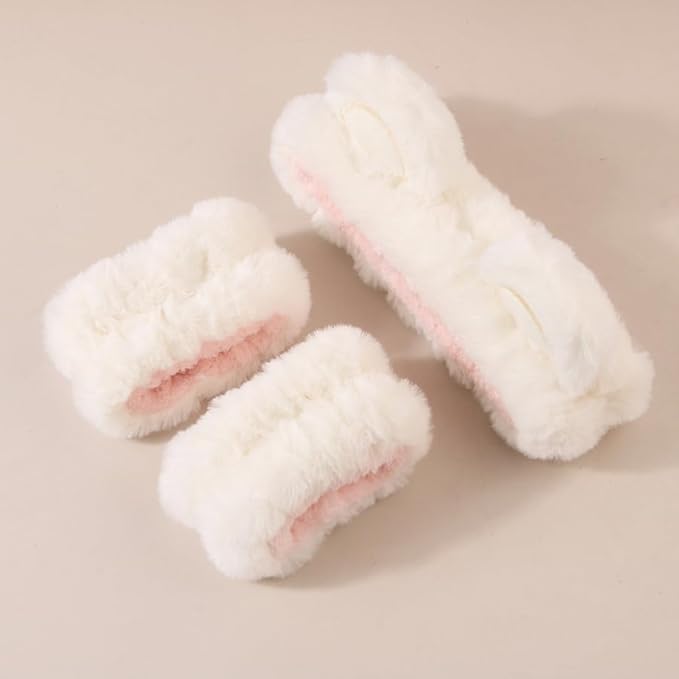 7pcs/Set Hairdressing Accessories Kit, Lovely Bear Decor Head Band, Elastic Fluffy Water Absorbent Head Hoops, Flower Shaped Hair Claw Clips, Ponytail Holders Hair Ties (White)-Velvo Beauty