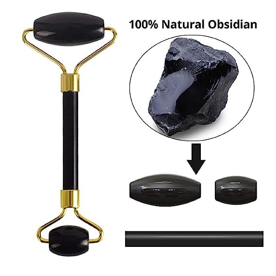 Black Obsidian Jade Facial Roller & Gua Sha Set 100% Natural Source from Highest Altitude of Himalayan Two-Sided Face Neck Massager Stone Beauty Tool-Velvo Beauty
