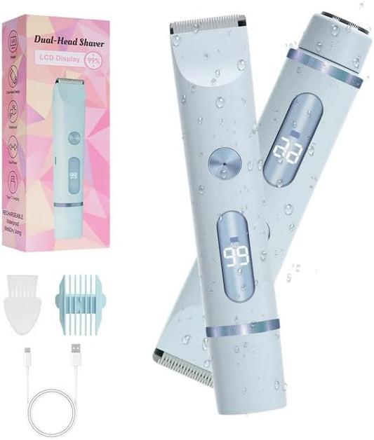 2025 Upgraded Dermave Bikini Shaver - 2 in 1 Bikini Trimmer for Women with LCD Display, Dual Head Cordless Electric Shaver, IPX7 Waterproof Wet/Dry Body Hair Trimmer for Face,Blue-Velvo Beauty