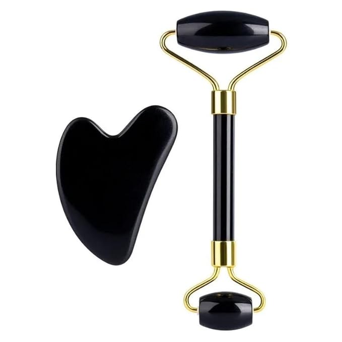 Black Obsidian Jade Facial Roller & Gua Sha Set 100% Natural Source from Highest Altitude of Himalayan Two-Sided Face Neck Massager Stone Beauty Tool-Velvo Beauty