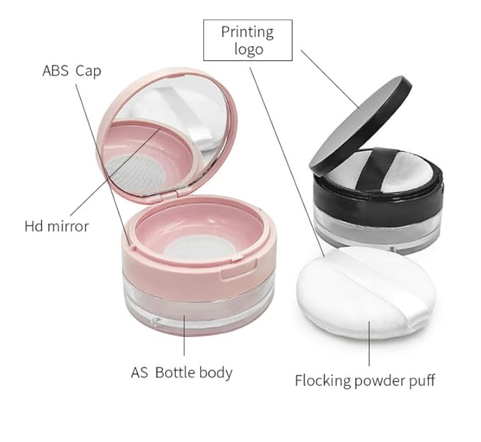 Loose Powder Cocntainer No Leaks Empty Reusable Plastic Loose Powder Compact Container Makeup Powder Case with Sponge Powder Puff,Elasticated Net Sifter and Pink Threaded Screw Lid-Velvo Beauty