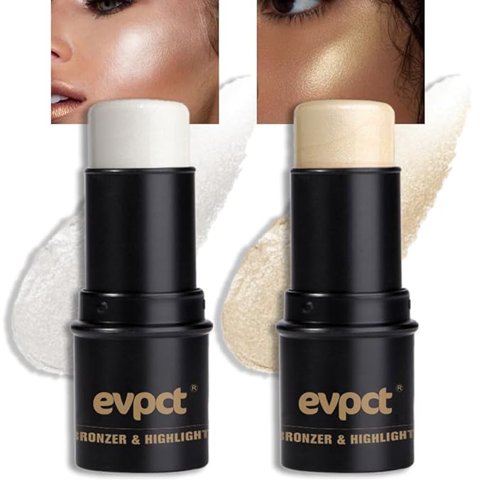 evpct 2Pcs Face Cream Makeup Highlighter Highlight Contour Stick Pearl White & Gold Glitter Contouring Highlighter Makeup Stick and Contour Illuminator Highly Piamented Long Lasting Skin Brighten 9+12-Velvo Beauty