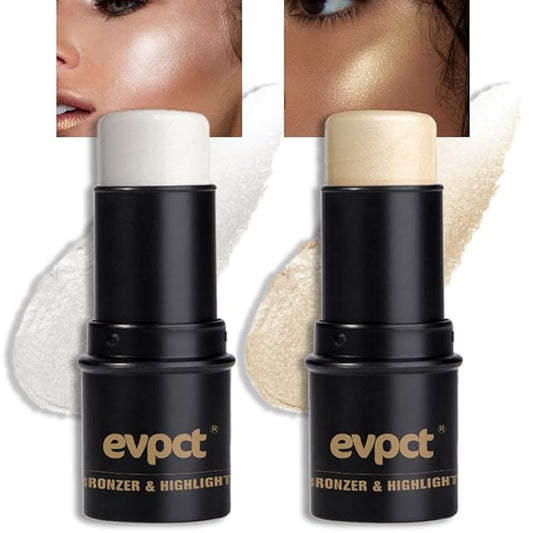 evpct 2Pcs Face Cream Makeup Highlighter Highlight Contour Stick Pearl White & Gold Glitter Contouring Highlighter Makeup Stick and Contour Illuminator Highly Piamented Long Lasting Skin Brighten 9+12-Velvo Beauty