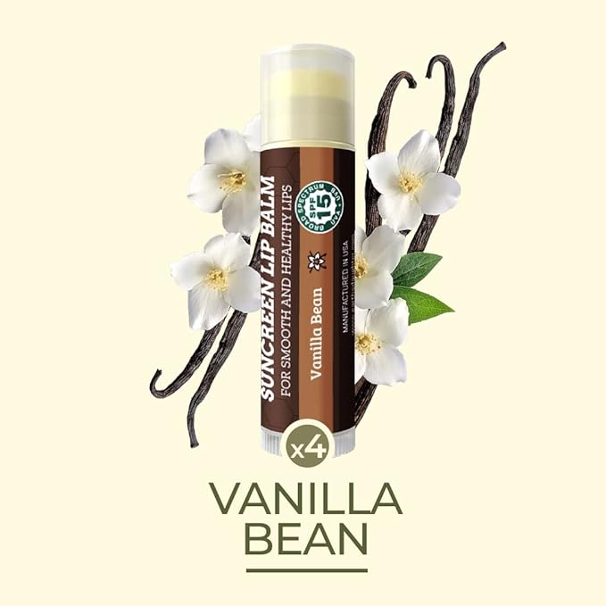 SPF Lip Balm 4-Pack by Earth's Daughter - Lip Sunscreen, SPF 15, Organic Ingredients, Vanilla Flavor, Beeswax, Coconut Oil, Vitamin E - Hypoallergenic, Paraben Free, Gluten Free-Velvo Beauty
