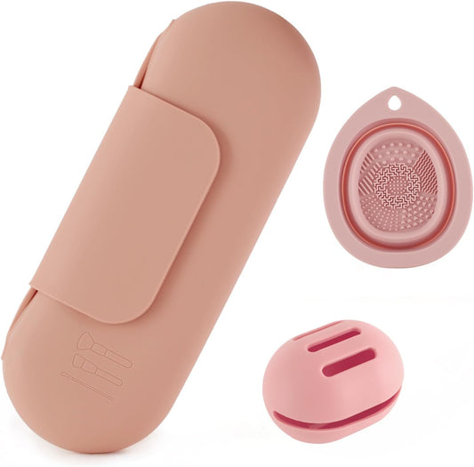 Silicone Makeup Brush Holder Set – Portable Travel Makeup Brush Holder with Makeup Sponge Holder and Foldable Cleaning Bowl – Upgraded 3-in-1 Cosmetic Organizer Set (powdered pink)-Velvo Beauty
