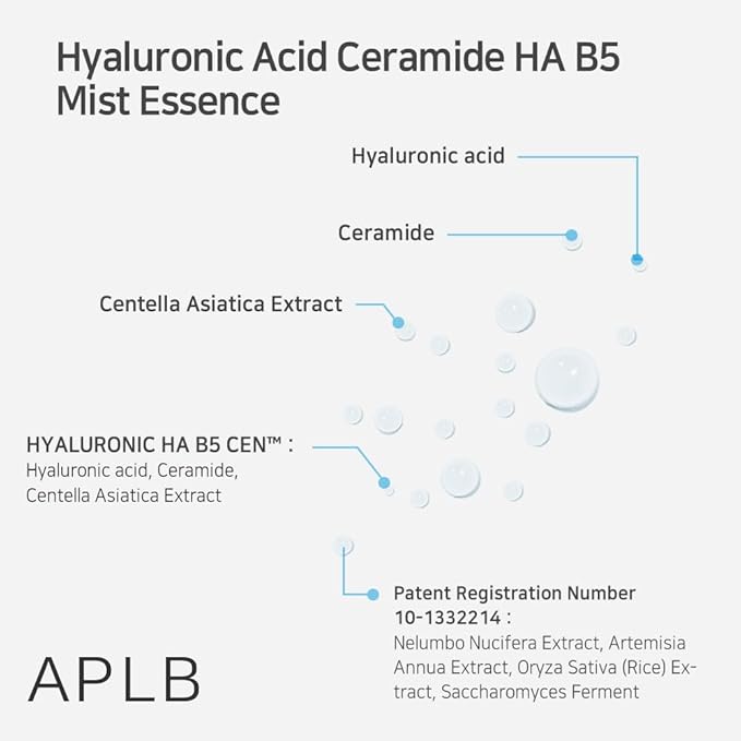 APLB Hyaluronic Acid Ceramide HA B5 Mist Essence | HYALURONIC HA B5 CEN™ 28.7% 3.55 FL.OZ/Korean Skincare, Replenishing moisture, Revitalize for gentle and improve skin texture through Hyaluronic-Velvo Beauty
