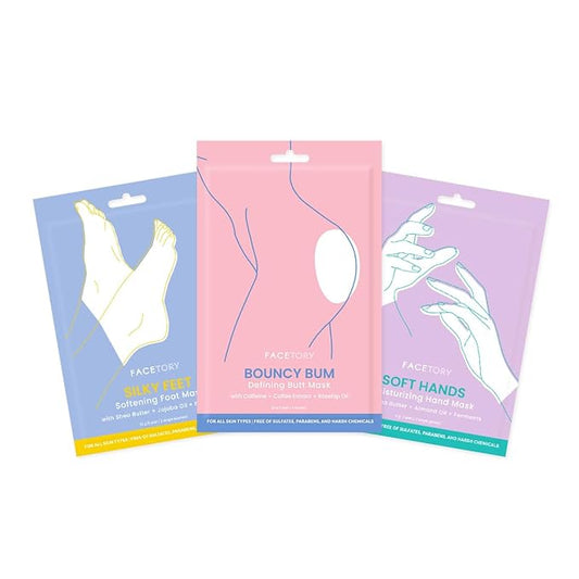 FACETORY Body Spa Sheet Mask Bundle Variety Pack of 3 with Korean Sheet Masks for Feet, Hands, and Butt - Softening, Hydrating, Nourishing, and Refreshing, for Dry, Cracked Skin-Velvo Beauty