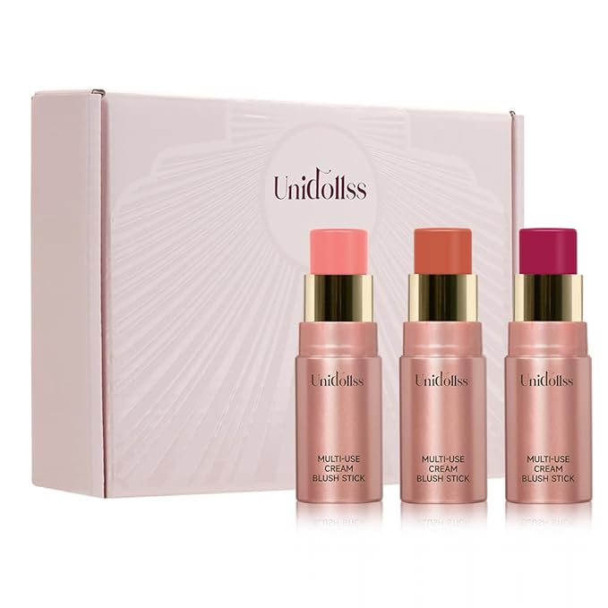 3 Pcs Multi-Use Makeup Cream Blush Stick Set, Unidollssbeauty 3-in-1 Buildable Blush Stick Set, Hydrating formula, All day wear, Easy Application with a Random Accessory Included(01,03,04)-Velvo Beauty