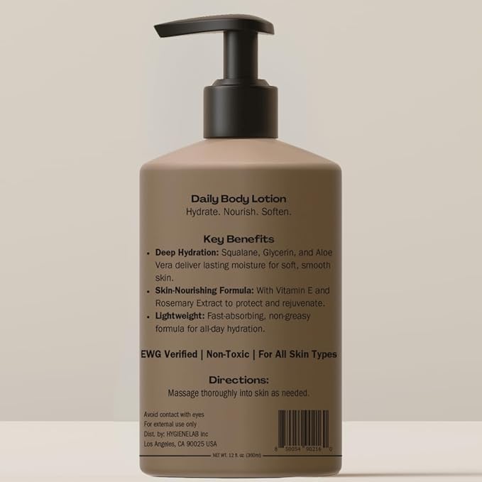 Body Lotion for Men – EWG Verified, Ultra Hydrating, Non-Toxic, Fast-Absorbing, Fragrance-Free, Unscented, Paraben-Free, Sulfate-Free, Daily body lotion for Dry Skin & Sensitive Skin, 12oz-Velvo Beauty