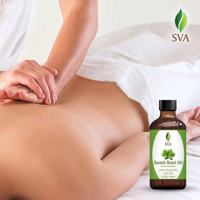 SVA Sweet Basil Essential Oil – 4 Fl Oz – 100% Natural Basil Oil - for Diffuser, Hair Care, Face, Skin Care, Aromatherapy, Scalp and Body Massage, Soap and Candle Making – with Dropper-Velvo Beauty