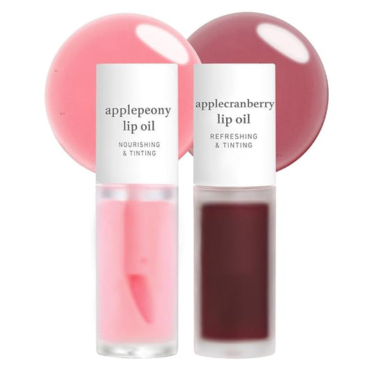 NOONI Korean Vegan Lip Oil - Applepeony, 0.12 Fl Oz + Korean Lip Oil - Applecranberry, 0.12 Fl Oz Bundle-Velvo Beauty