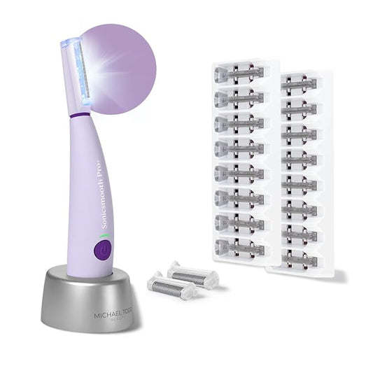 Michael Todd Beauty Sonicsmooth Pro+ Dermaplane Razor for Women Face + Eyebrow trimmer Dermaplaning System w/LED Light Peach Fuzz Remover -16 Dermaplaning Blades & 2 Microsmooth Exfoliation Tips-Velvo Beauty