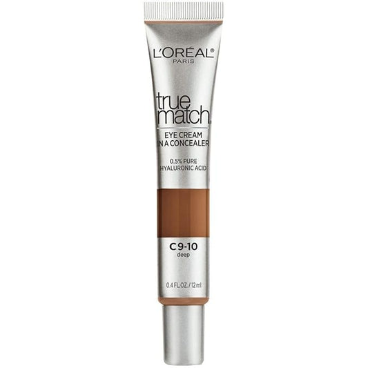 L’Oréal Paris True Match Eye Cream in a Concealer, 0.5% hyaluronic acid, Deep C9-10, 0.4 fl. oz.-Velvo Beauty