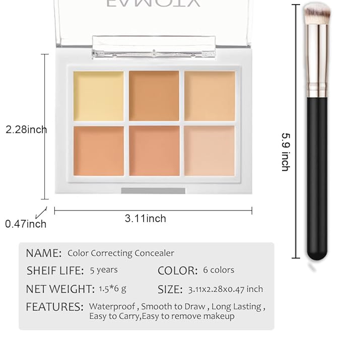 6 Color Correcting Concealer Palette With Concealer Brush, Tattoo Concealer, Cream Contouring Makeup Kit, Corrects Dark Circles Red Marks Scars Light Mediumor creamy concealer A2-Velvo Beauty