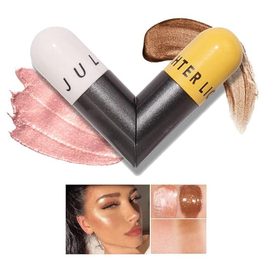 AKARY Liquid Highlighter Makeup for Face Body, Contour Foundation Illuminator Boom Stick, Two-color Highlight Shade Longwear Shimmer Glow Makeup, Valentine's Day gift (02 Sakura Powder + Warm Brown)-Velvo Beauty