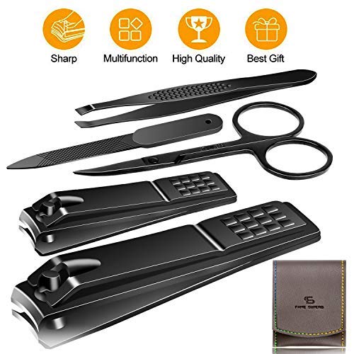 Manicure Pedicure Kit Nail Clippers Set Fingernails & Toenails Vibrissac Scissor 5 Pieces Best Care Tools for Man & Women with Travel Case (Gray/Black_A) (Gray/Black_A)-Velvo Beauty