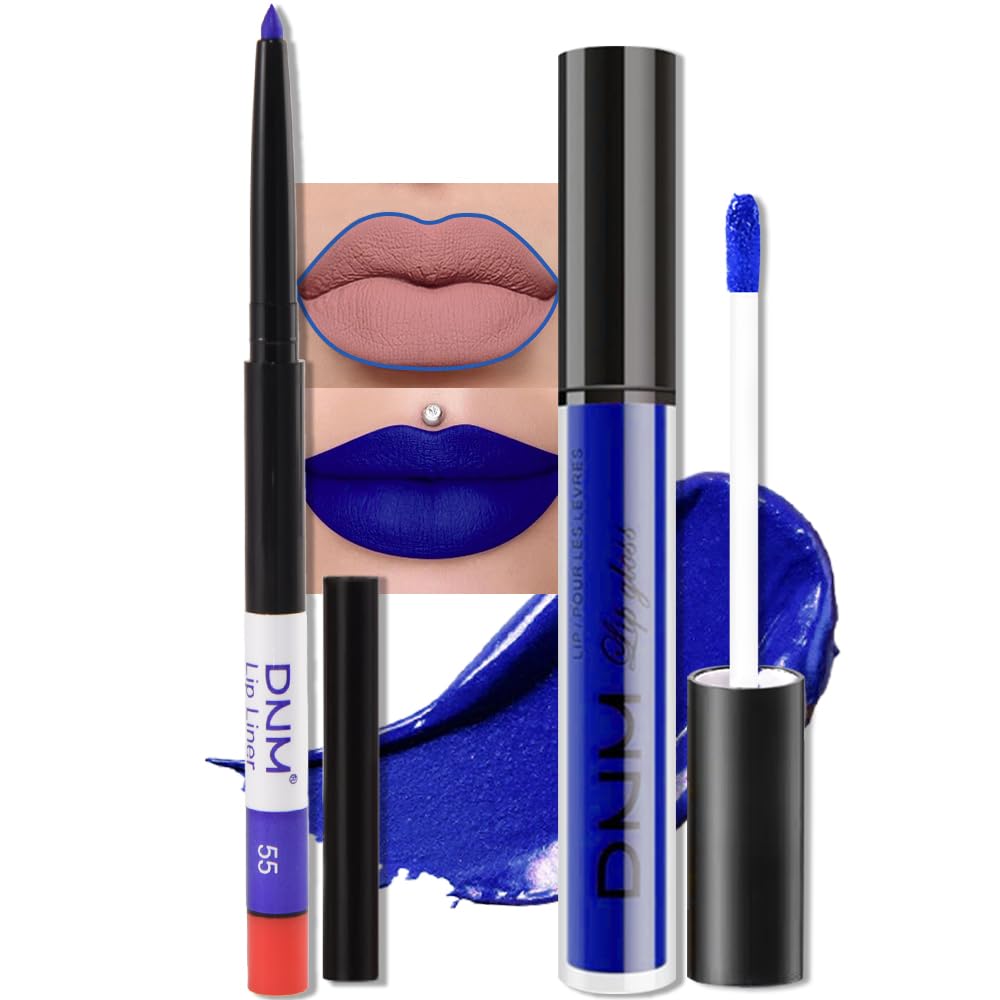 evpct 2Pcs Dark Royal Blue Matte Liquid Lipstick Lip Gloss Stain and Retractable Lip Liner Makeup Set for Women Long Lasting Waterproof 24 Hours Lipstick labial mate larga duracion 24 55#-Velvo Beauty