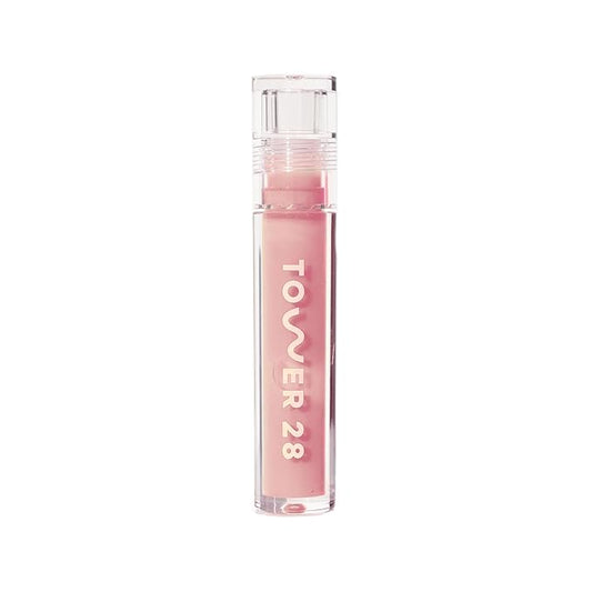 Tower 28 ShineOn Milky Lip Jelly, OAT | Non-Sticky, Vegan Lip Gloss in Milky Peachy Pink | Apricot and Raspberry Seed Oil | Moisturizing, Clean, Cruelty Free-Velvo Beauty