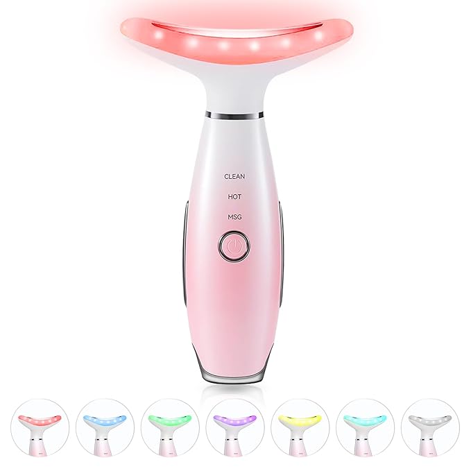 7 Color Neck Face Massager - Facial Massager Tool for Skin Care at Home, Vibrating Face Massager with Thermals, Pink-Velvo Beauty