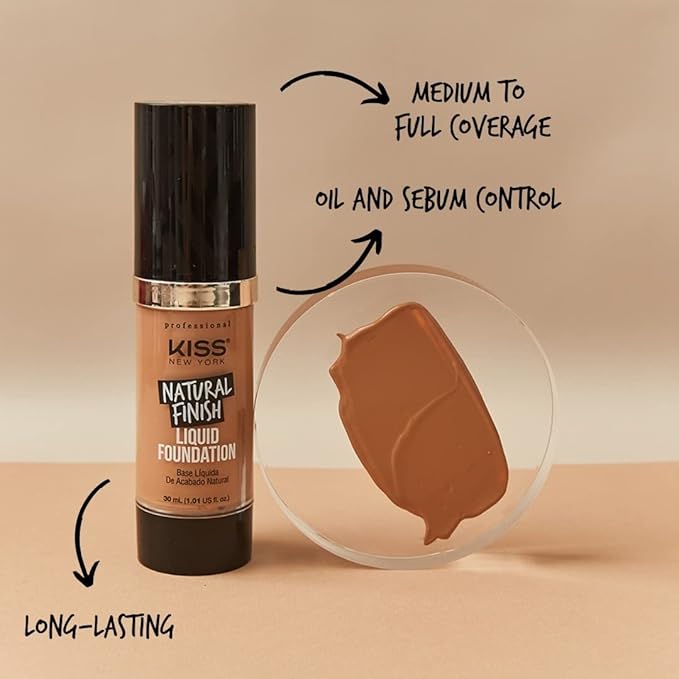 Kiss New York Professional Liquid Foundation - Lightweight and Hydrating Formula, Natural Finish, Control Shine, Cover Pores, Medium to Full Coverage, Green Tea Extract (Cognac)-Velvo Beauty
