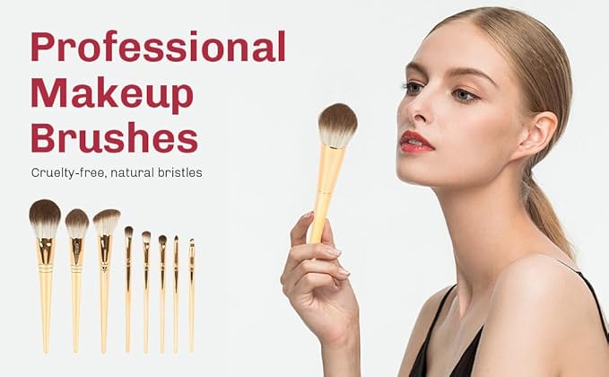 8pcs Gold Makeup Brush Set for All Skill Levels Easy Clean Soft Lint Free Brushes Travel Friendly Kit Foundation Powder Eyeshadow Blush Contour-Velvo Beauty