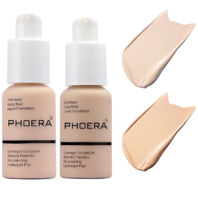 2 Pack PHOERA Foundation, Flawless Soft Matte Liquid Foundation Makeup for Women..PHOERA Foundation101# Porcelain and 102# Nude-Velvo Beauty