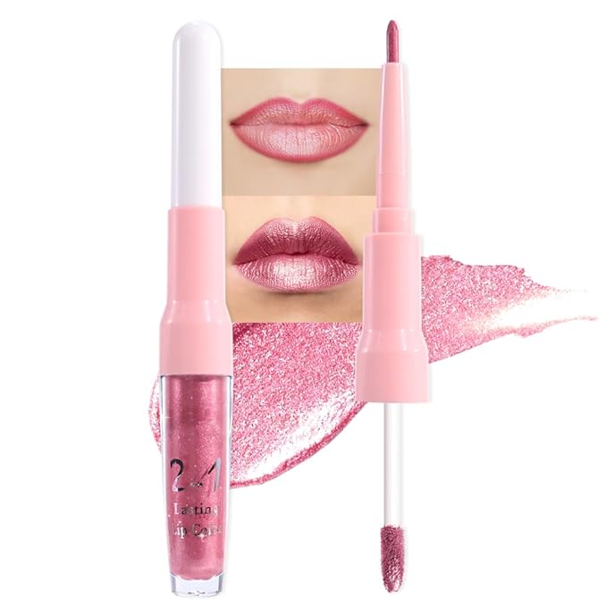 evpct Warm Pink Metallic Glitter Lip Liner and Lipstick Combo Lip Gloss Stain Set Makeup for Women Long Lasting Waterproof 24, Baby Pink Metallic Shimmer Frosted Iridescent Glossy Liquid Lipstick 12-Velvo Beauty