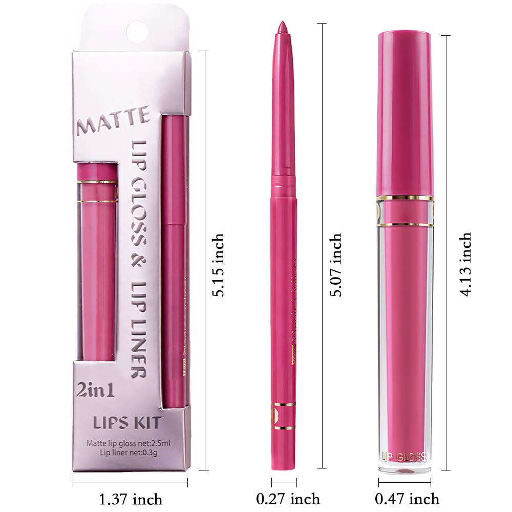 evpct 2Pcs Rose Red Matte Lip Liner and Lipstick Lip Gloss Pencils Makeup Set Kit for Women Long Lasting Waterproof-Velvo Beauty