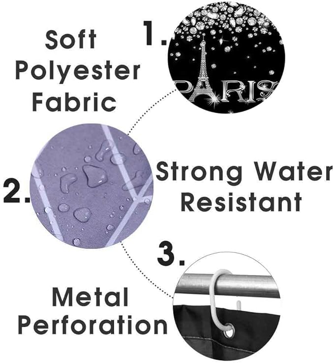 4PCS Eiffel Tower Shower Curtain Set, Luxury Jewelry Rhinestone Bling Diamond Paris Bathroom Decor, Waterproof Fabric Black Shower Curtain, Non-slip Bath Mat Toilet Lid Cover Bathroom Rugs-Velvo Beauty