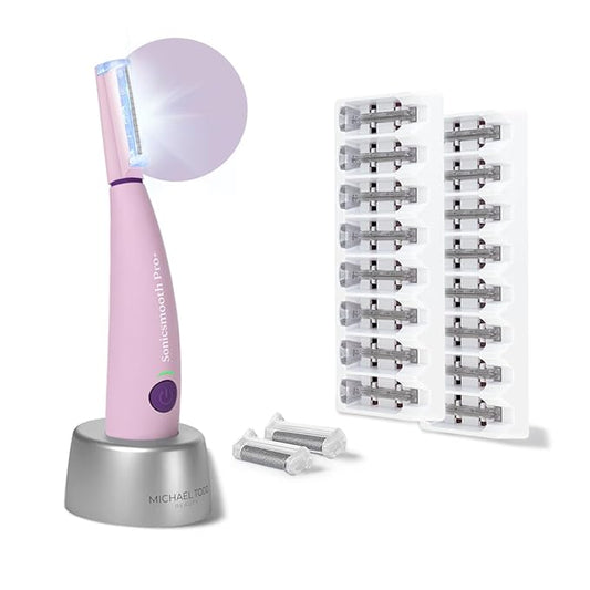 Michael Todd Beauty Sonicsmooth Pro+ Dermaplane Razor for Women Face + Eyebrow trimmer Dermaplaning System w/LED Light Peach Fuzz Remover -16 Dermaplaning Blades & 2 Microsmooth Exfoliation Tips-Velvo Beauty