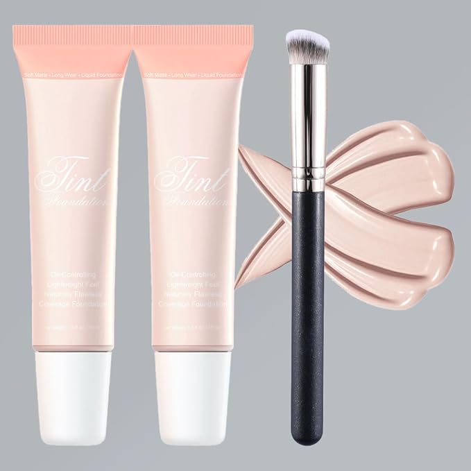 2 Pack Liquid Foundation Cream with Foundation Brush for Face Makeup,Durable Full Coverage Matte Concealer Make Up,Oil Control & Waterproof Base Primer -1 Fl.Oz (#01)-Velvo Beauty