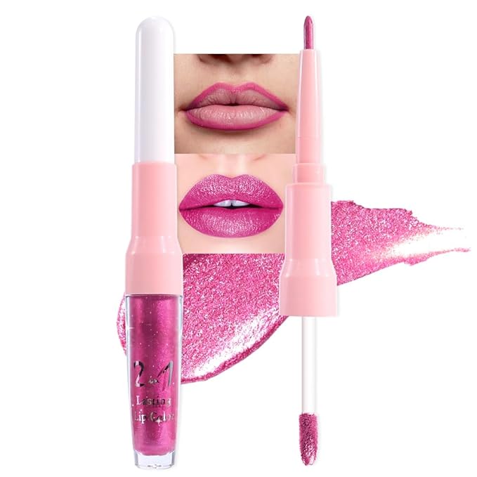 evpct Rose Metallic Glitter Lip Liner and Lipstick Combo Lip Gloss Stain Set Makeup for Women Long Lasting Waterproof 24, Metal Barbie Frosted Metallic Shimmer Glossy Iridescent Liquid Lipstick 15-Velvo Beauty