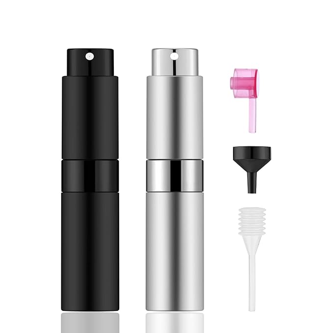 2 PCS/8ml Portable Mini Perfume Atomizer bottles, Empty Refillable Spray Bottle with 3 Types of Refill Tools, Pocket Travel Perfume Sample Bottles(Matte Black&Silver)-Velvo Beauty