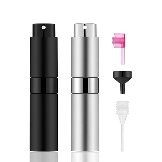 2 PCS/8ml Portable Mini Perfume Atomizer bottles, Empty Refillable Spray Bottle with 3 Types of Refill Tools, Pocket Travel Perfume Sample Bottles(Matte Black&Silver)-Velvo Beauty